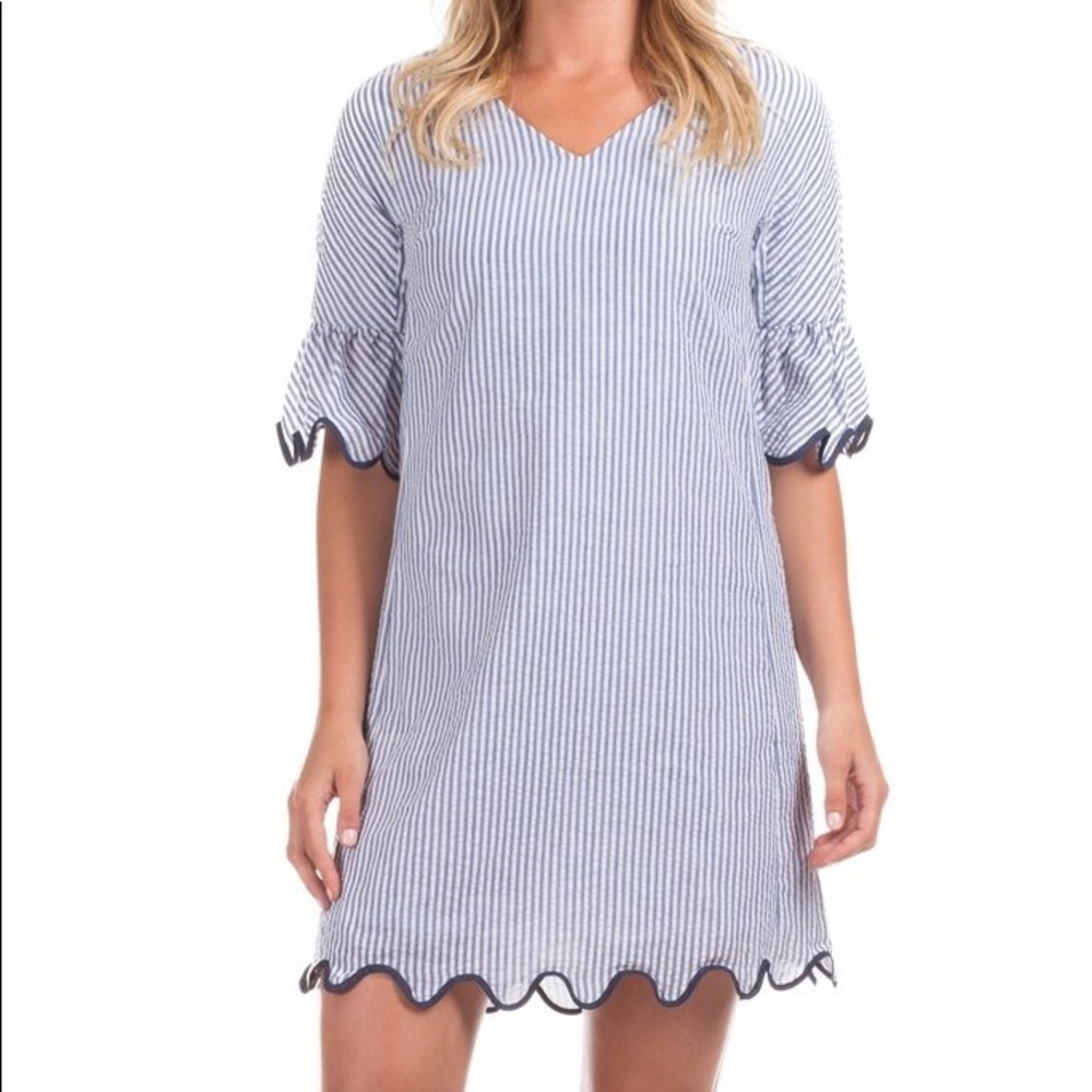 Duffield Lane Rosalie v-neck scalloped ruffle sleeve seersucker dress blue S